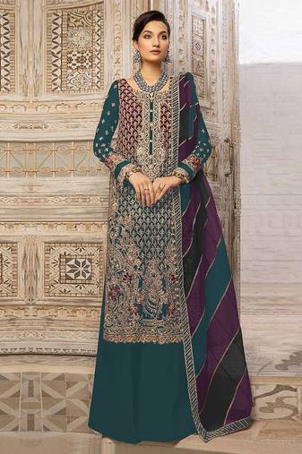 Dark slate grey embroidery sequence work fox georgette salwar kameez
