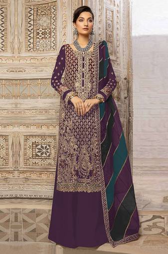 Wine embroidery sequence work fox georgette salwar kameez
