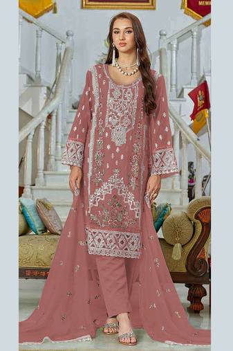 Pink embroidery sequence work fox georgette salwar kameez