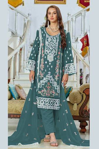 Teal blue embroidery sequence work fox georgette salwar kameez