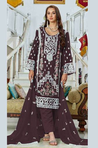 Brown embroidery sequence work fox georgette salwar kameez
