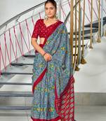 Grey printed cotton saree with blouse piece