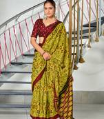 Mehendi printed cotton saree with blouse piece