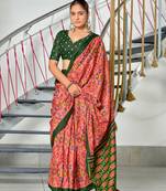 Peach printed cotton saree with blouse piece