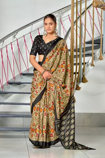Beige printed cotton saree with blouse piece