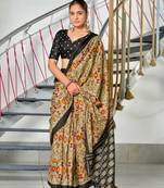 Beige printed cotton saree with blouse piece