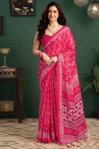 Pink printed cotton saree with blouse piece