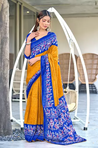 Mustard printed cotton saree with blouse piece