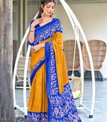 Mustard printed cotton saree with blouse piece