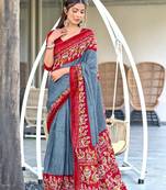 Grey printed cotton saree with blouse piece