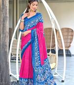 Pink printed cotton saree with blouse piece