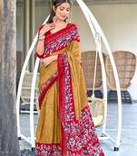 Beige printed cotton saree with blouse piece