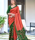 Red printed cotton saree with blouse piece