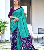 Turquoise printed cotton saree with blouse piece