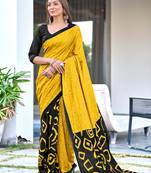 Yellow printed cotton saree with blouse piece