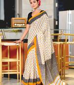 Yellow printed cotton saree with blouse piece