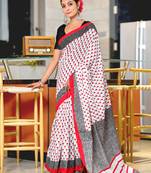 Red printed cotton saree with blouse piece