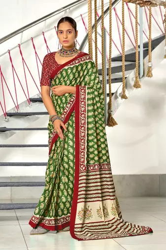 Green printed cotton saree with blouse piece