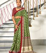 Green printed cotton saree with blouse piece