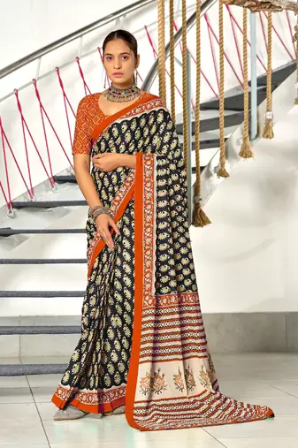 Black printed cotton saree with blouse piece