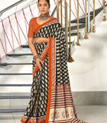 Black printed cotton saree with blouse piece