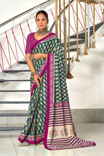Teal printed cotton saree with blouse piece
