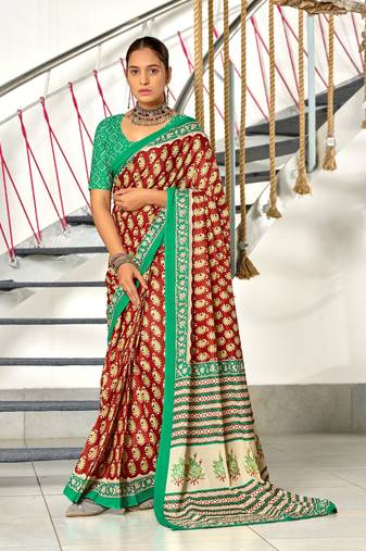 Rust printed cotton saree with blouse piece