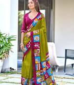 Parrot green printed cotton saree with blouse piece