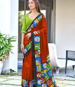 Red printed cotton saree with blouse piece