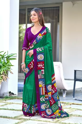 Green printed cotton saree with blouse piece