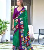 Green printed cotton saree with blouse piece