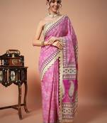Pink printed cotton saree with blouse piece