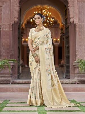 cream floral pashmina Silk blend zari jacquard work designer saree () 1