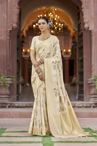 cream floral pashmina Silk blend zari jacquard work designer saree ()