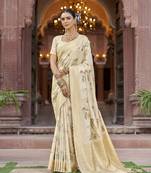 cream floral pashmina Silk blend zari jacquard work designer saree ()