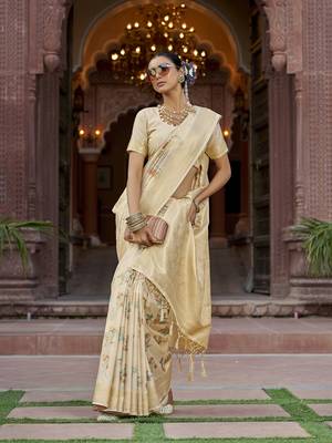 cream floral pashmina Silk blend zari jacquard work designer saree () 3
