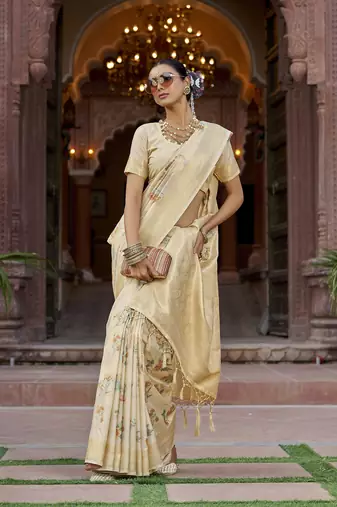 cream floral pashmina Silk blend zari jacquard work designer saree ()