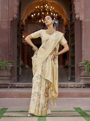 cream floral pashmina Silk blend zari jacquard work designer saree () 4
