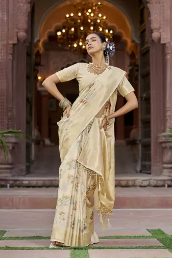 cream floral pashmina Silk blend zari jacquard work designer saree ()