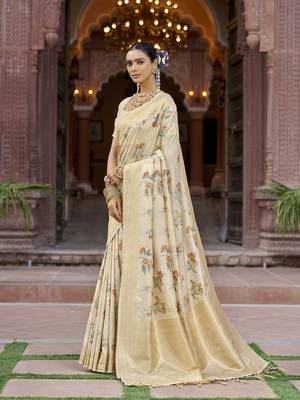 cream floral pashmina Silk blend zari jacquard work designer saree () 5