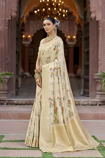 cream floral pashmina Silk blend zari jacquard work designer saree ()