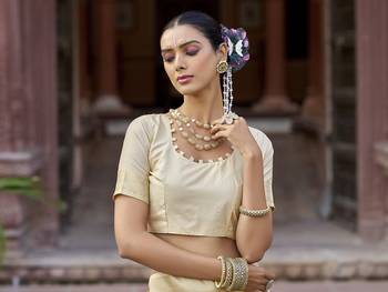 cream floral pashmina Silk blend zari jacquard work designer saree () 6
