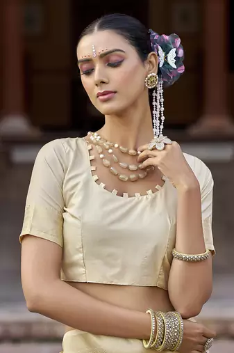 cream floral pashmina Silk blend zari jacquard work designer saree ()