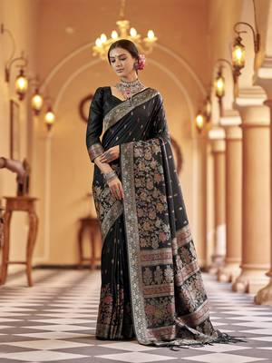 Elora soft silk floral butti pashmina  zari jacquard work designer saree (black) 1