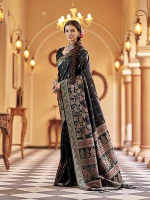 Elora soft silk floral butti pashmina  zari jacquard work designer saree (black) 3