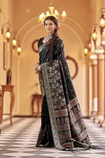 Elora soft silk floral butti pashmina  zari jacquard work designer saree (black)
