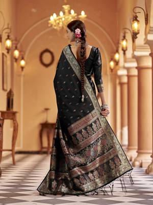 Elora soft silk floral butti pashmina  zari jacquard work designer saree (black) 4