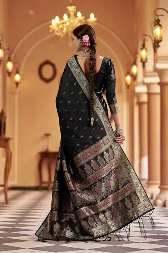Elora soft silk floral butti pashmina  zari jacquard work designer saree (black)