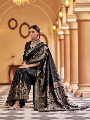 Elora soft silk floral butti pashmina  zari jacquard work designer saree (black) 5
