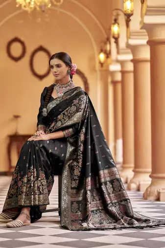 Elora soft silk floral butti pashmina  zari jacquard work designer saree (black)